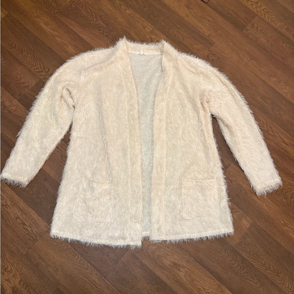 Cream Fuzzy Open Long Cardigan